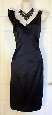 Beautiful New Coast Ruffle Shoulder Black Satin Retro 50s Pinup Style Dress Sz 8 • £20