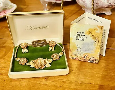 Krementz Rose & Yellow Gold Necklace Earrings Set Original Box And Brochure XLNT • $98