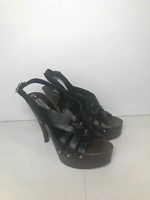 Steve Madden Desi Platform Sandal Sz 9 Black Leather Wood Chunky Sexy Heel Pump • $12.99