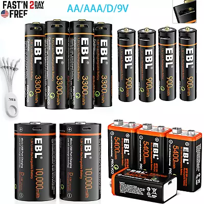 Lot EBL AA  AAA  9V  D Size USB Lithium Li-ion Rechargeable Batteries + Cable • $44.99