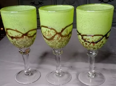 Murano? 3 Bright Green Speckled Brown Handblown Glass Wine Goblets 8.5  • $41.25