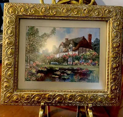 Vintage Cottage House On The Lake Foil Print Framed On Gold/white Frame • $25