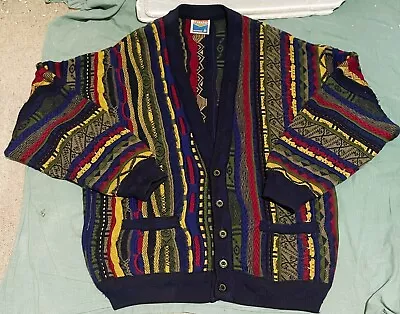 VINTAGE AKLANDA Coogi Wool Knit Cardigan Mens 1980s Chunky Multi SIZE LARGE EUC • $150