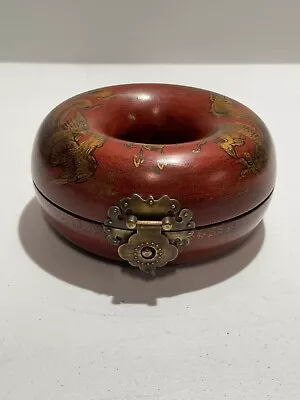 VINTAGE CHINESE RED DOUGHNUT JEWELRY BOX Lacquered Wood Painted • $30