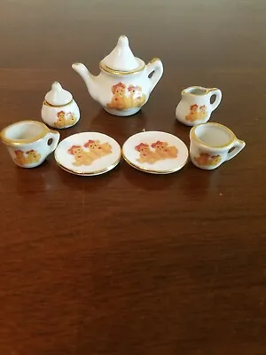 VINTAGE Miniature Ceramic Teddy Bear Tea Set & Mini Wicker Picnic Basket • $45.57