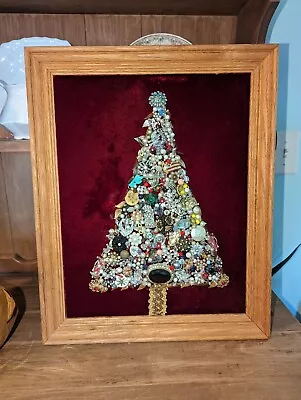 VTG Jewelry Art Jeweled Christmas Tree Framed Red Velvet One Of A Kind OOAK • $125