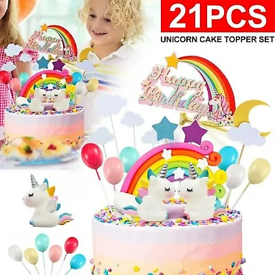 Unicorn Cake Topper Kit Cloud Rainbow Happy Birthday Banner Decoration 21Pcs/Set • $17.49