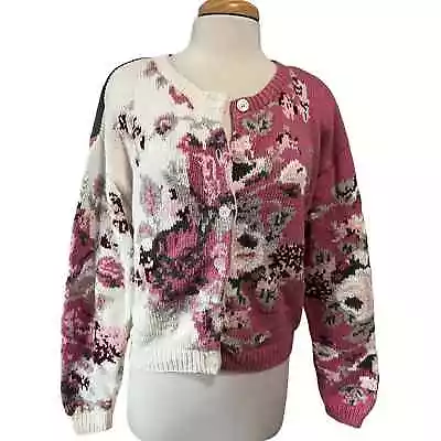 Vintage 90s Paris Sports Club Cropped Cardigan Sweater Handknit Spring Pink • $20