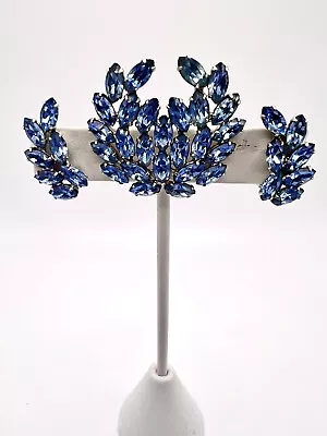 Stunning Vtg Blue Chaton And Navette Rhinestone Brooch And Earrings Mk’d B David • $69