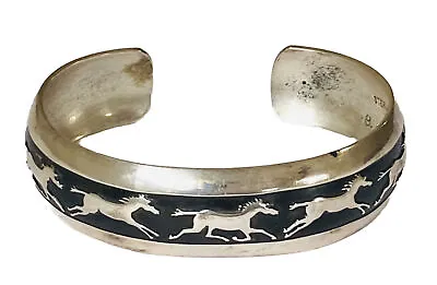 Vintage NAVAJO Signed Sterling Silver Galloping Horses Cuff Bracelet Men’s Women • $129.99