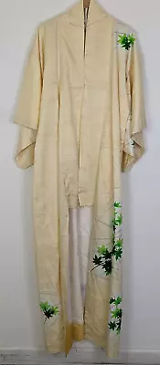 Handmade Pale Yellow With Green Leaves Japanese Full Length Kimono. One Size • £25