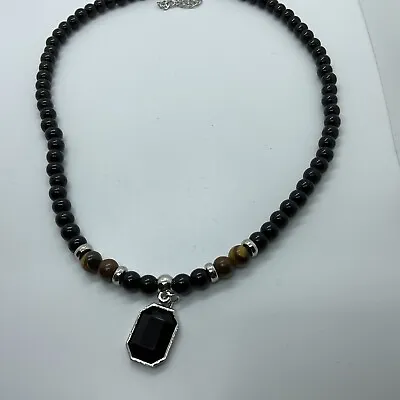 Mens Womens Tiger Eye And Black Energy Bead Faceted Crystal Necklace 18  • $8.05