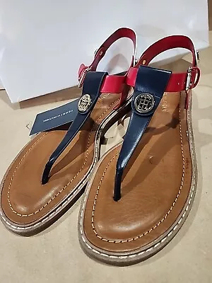 TOMMY HILFIGER Women`s Sandals TH Round Logo Thong Size 8.5 Blue Red New NWT • $25