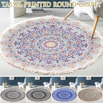 Boho Round Carpet With Tassel Retro Door Floor Mat Cotton Linen Rug Home Decor • £8.15