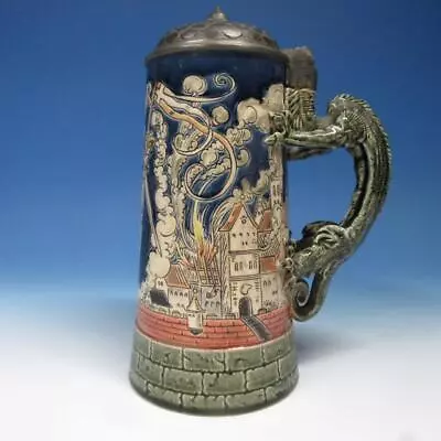 Mettlach Germany -  Antique 1L Beer Stein 1786 Saint Florian Puts Out Fire - TBR • $17.50