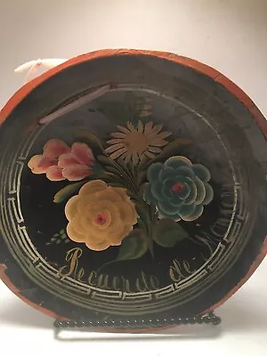 Vintage Mexican Batea Wooden Bowl Folk Art Hand Painted Blue Pink Flowers  9  • $19.99