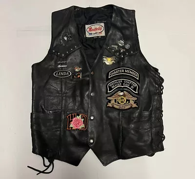 Vintage 1980s 90s Leather Biker Vest Pins Patches Harley Davidson Punk Size Med • $84.99