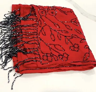 Vintage Red Chiffon Silk Beaded Long Stole Veil Scarves Sequined Chiffon Shawl • $19.99