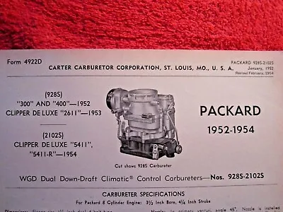 1952 1953 1954 Packard 300 400 Clipper Carter Wgd Carburetor Spec Info Sheet • $19.99