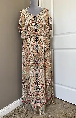 Chico’s Sz 3 /XL Maxi Dress Beige Sienna Paisley Cold Shoulder Flutter Sleeve • $39.88