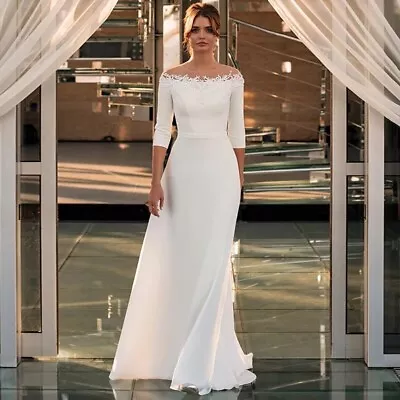 3/4 Sleeve Satin Off The Shoulder Illusion Lace Train Bride Gown Wedding Dress • $299.99