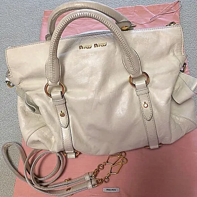 Auth Miu Miu Handbag 2Way Shoulder Bag #6406 Beige Leather Bow Ribbon • $292