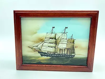 Clipper Ship Box Reverse Painted Glass Wood  Nautical Vintage  • $18