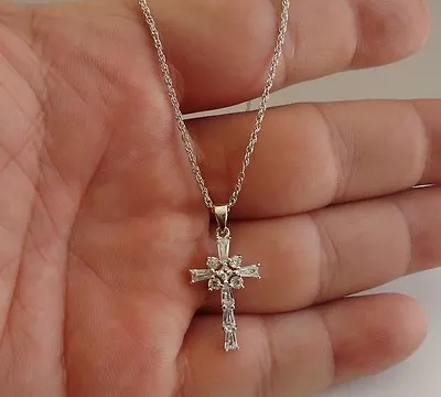 925 Sterling Silver Baguette Cross  Pendant Necklace W/1.25 Ct Accents/18''chain • $30.80