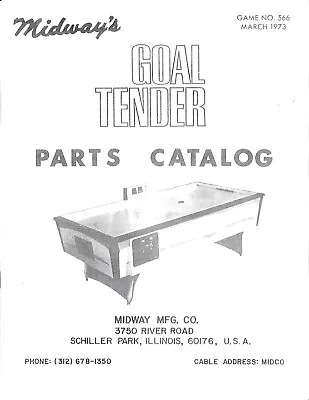 $35.99 • Buy Midway's Goal Tender [air Hockey] Arcade Game Parts Catalog Manual  - New!