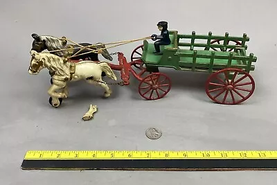 VINTAGE 1950's KENTON TOYS CAST IRON HORSE DRAWN WAGON & DRIVER- Original Paint • $25.99