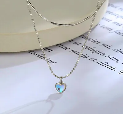 Double Layer Blue Heart Pendant 925 Sterling Silver Chain Necklace Women Jewelry • £3.79