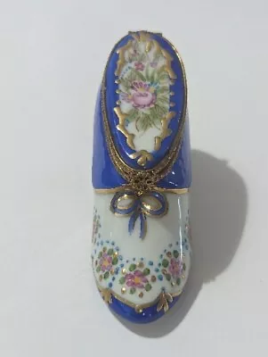 Limoges Hand Painted Cobalt Blue Floral Shoe Trinket Box • $39.99