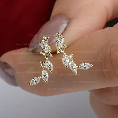 Marquise Diamond Leaf Design Ear Climber Stud Earrings Solid 14K Yellow Gold New • $1309.41