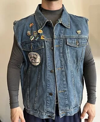 VINTAGE 1990s BIKER MOTO VEST DENIM INTRUDER OWNER CLUB HOLLAND PATCH XL • $45