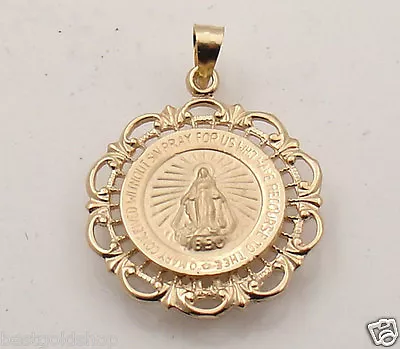 3D 20mm Miraculous Medal Filigree Charm Pendant Solid Real 14K Yellow Gold 2.9gr • $289.50
