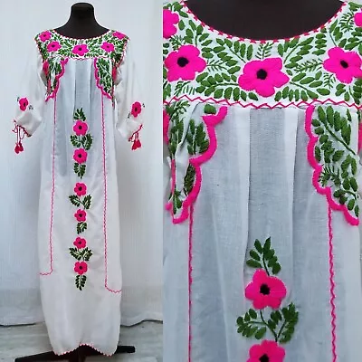 Vintage Sheer Gauze Maxi DRESS With NEON PINK Hand Embroidery - Size S • $60.30