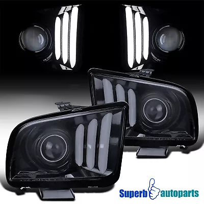 Fits 2005-2009 Ford Mustang Glossy Black LED Strip Projector Headlights 05-09 • $182.68