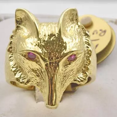 $29 • Buy New Old Stock Gold Plate Over Sterling Silver Red Stone WOLF HEAD Ring Size 7.75