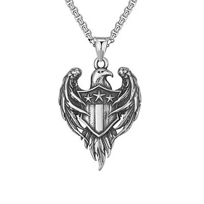 Mens American Eagle Pendant Retro Silver Hawk Necklace Stainless Steel Chain • £8.54