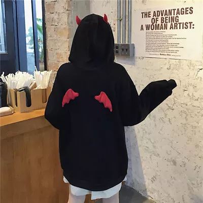 Kawaii Style Devil Horn Hoodie Gothic Hooded Hoody Kpop Loose Black Harajuku • £18.30