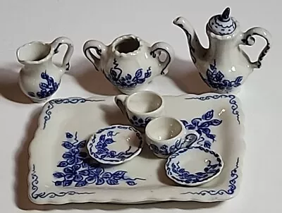 Vintage  Mini Tea Set 9 Piece Floral Design Blue White Porcelain Tea Set  • $10