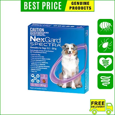 NEXGARD SPECTRA Flea Heartworm Control 3612 Chews For Dog 15.1 To 30 Kg PURPLE • $72.98