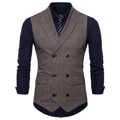 Mens Vest Double Breasted Plaids Checks Waistcoats Formal Dress Tops Vests • $20.89