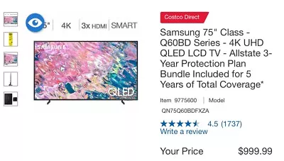 Samsung QN75Q60BDF 75  4K UHD QLED Smart TV • $699