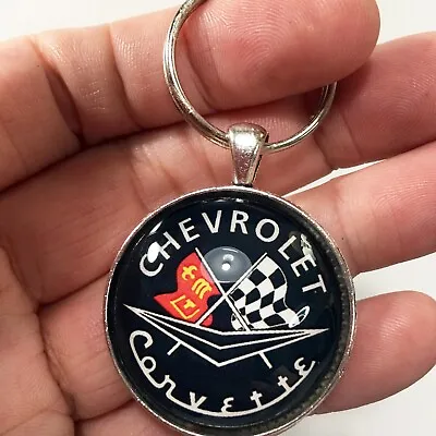 Old School Vintage Chevrolet Corvette Racing Flags Logo Emblem Keychain • $12.95