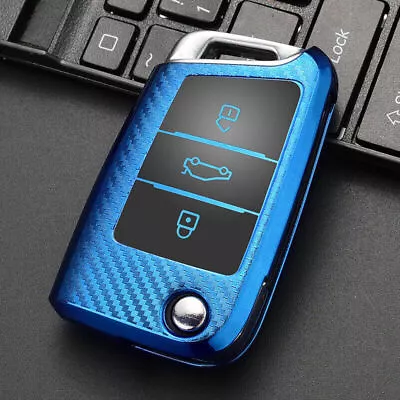 TPU Carbon Filber Car Flip Key Fob Case Cover Blue For VW Golf MK7 Skoda SEAT • $4.73