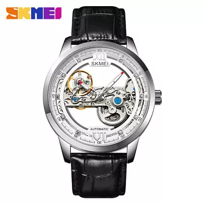 SKMEI Men Watch Automatic Mechanical Leather Watch Hollowed Out Male Gold Watch • $73.12