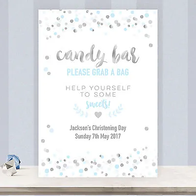 Personalised Candy Bar Buffet Sweet Table Sign Light Blue & Silver Confetti SB2 • £4.75