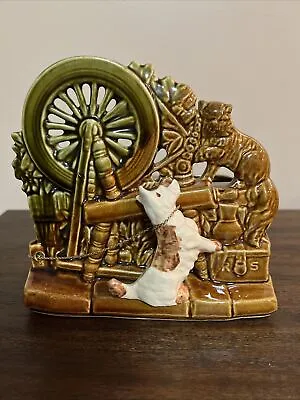Vintage McCoy Pottery Spinning Wheel With Scotty Dog & Cat Double Planter • $13