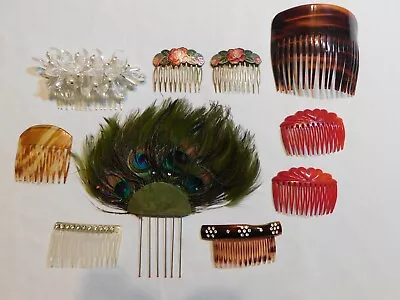 Vtg Hair Combs Lot Peacock Feather Beads Enamel Cloisonne France Rhinestones • $45